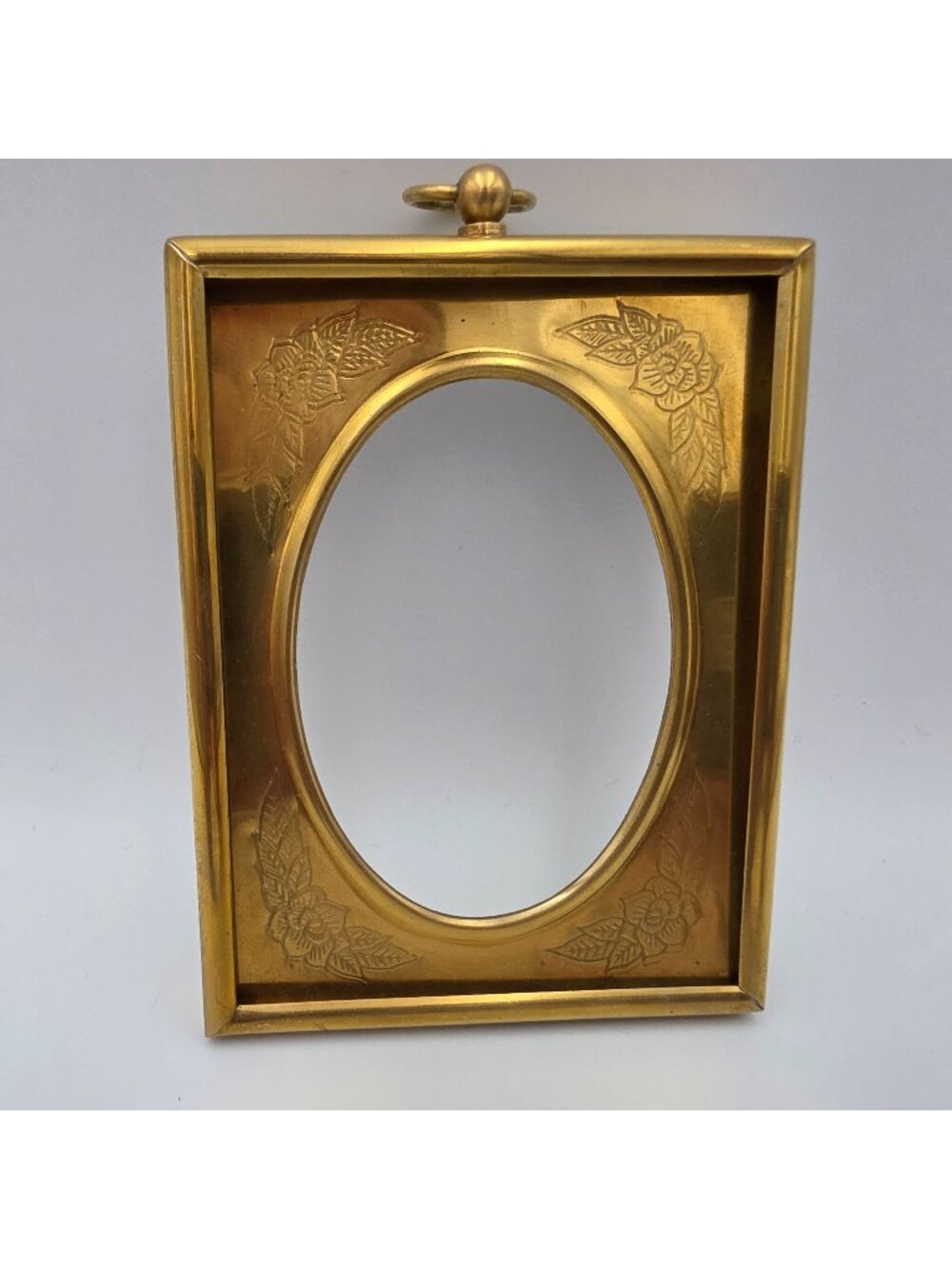 Vintage Brass Oval Picture Frame With Floral Engraving & Top Loop Hanger 3"x4"